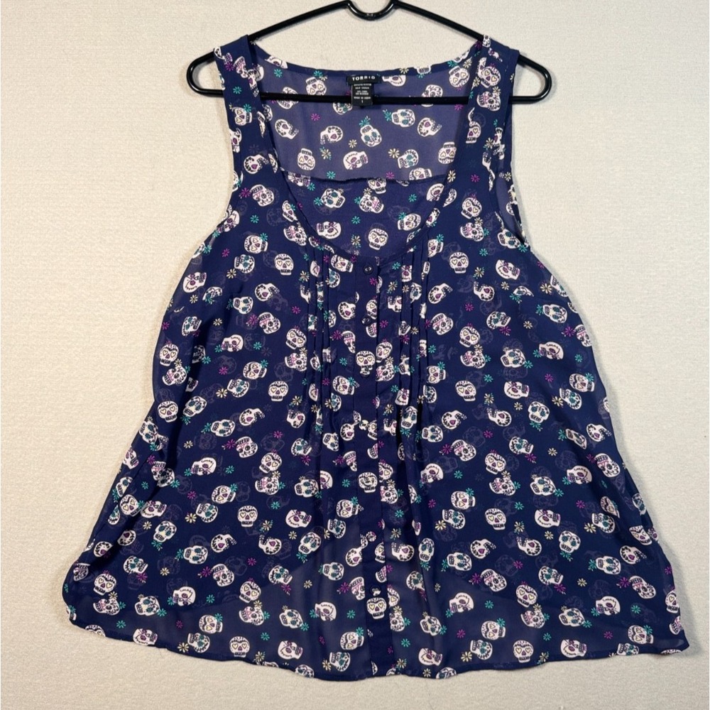 Torrid Women's Navy Blue Semi Sheer Sleeveless Blouse - Size 1 - Sugar Skulls